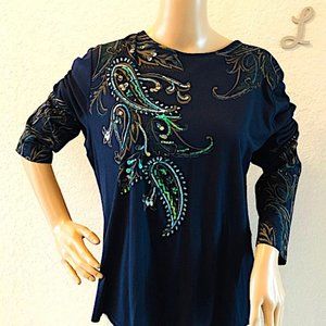 Chico's Sequin Paisley Long Sleeve Navy Tee